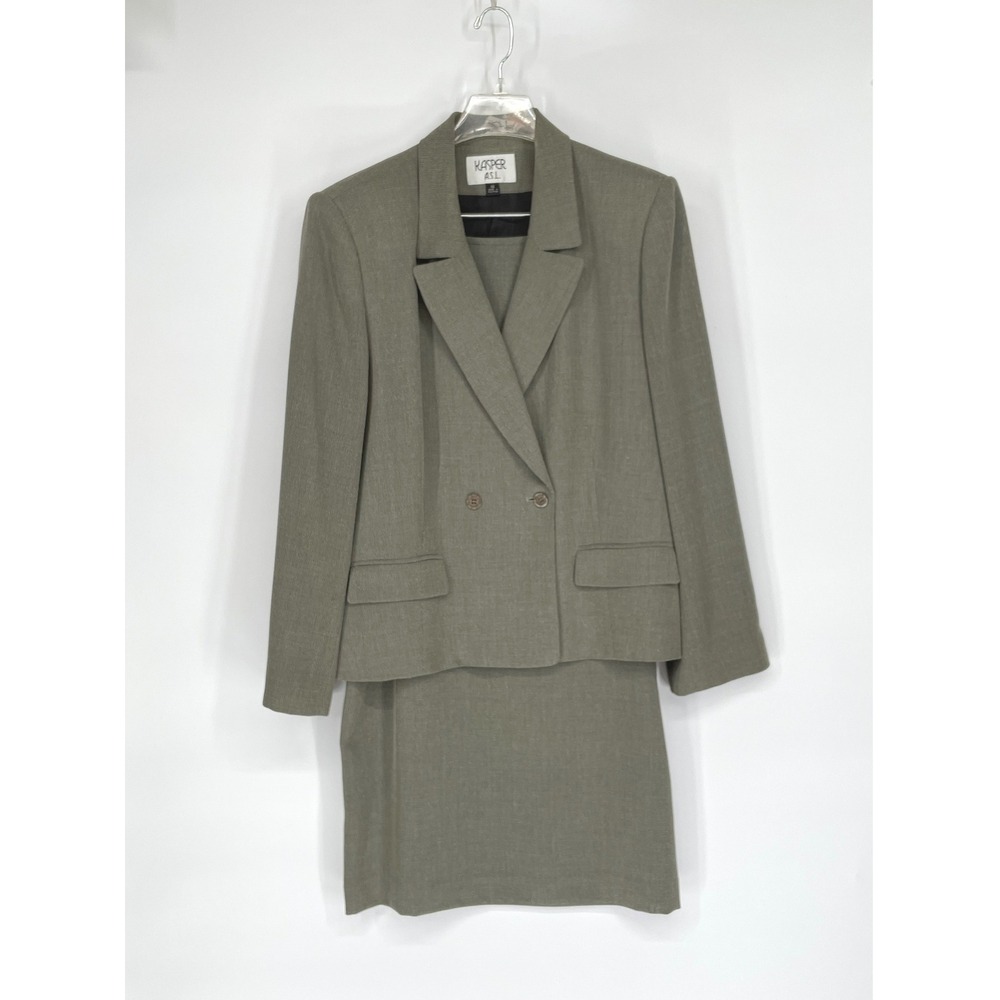 Kasper ASL Womens Skirt Suit 12 2pc Olive Green Textured Double Breasted